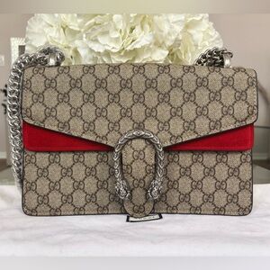 Designer Inspired Beige Monogram Shoulder Bag with Red Accent